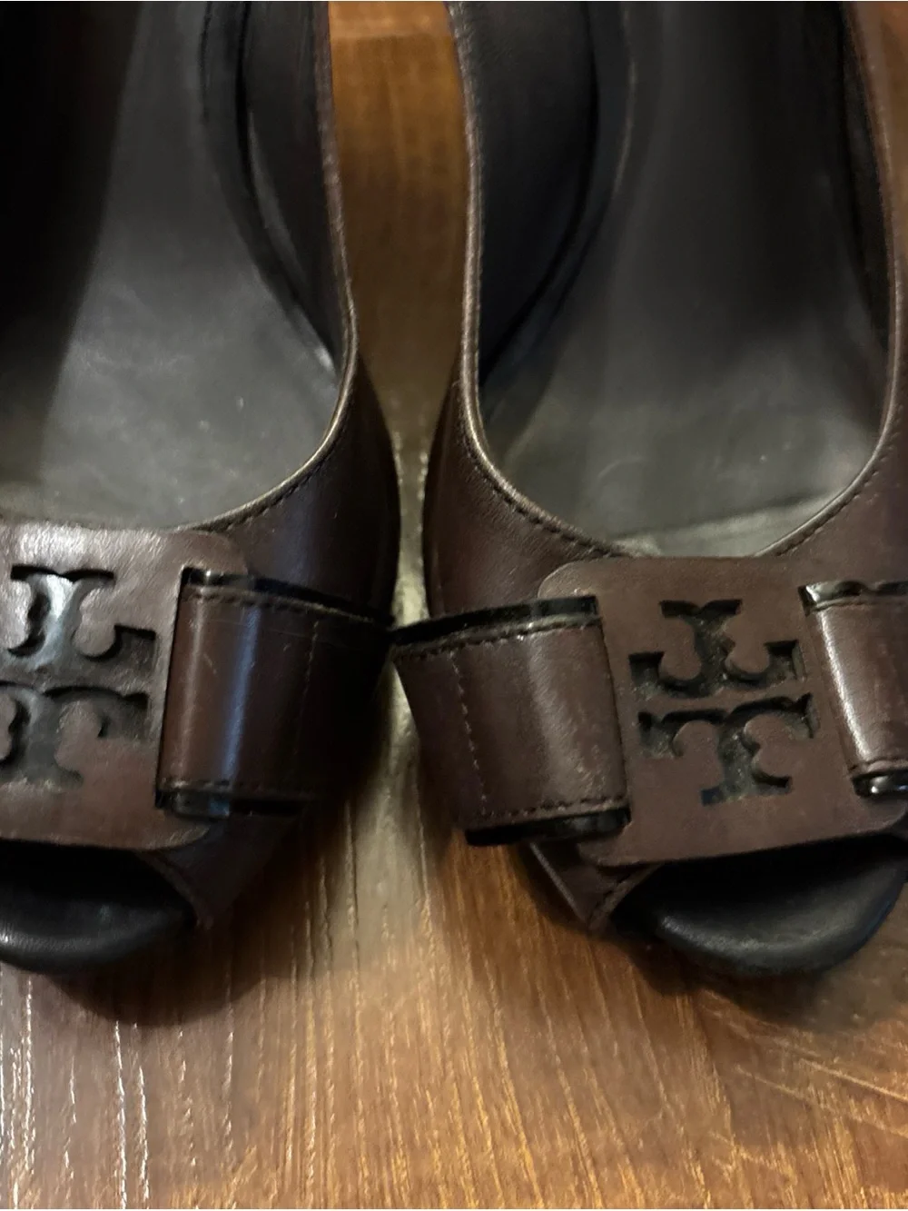 Tory Burch Brown Leather Peep-Toe Slingback Heels
